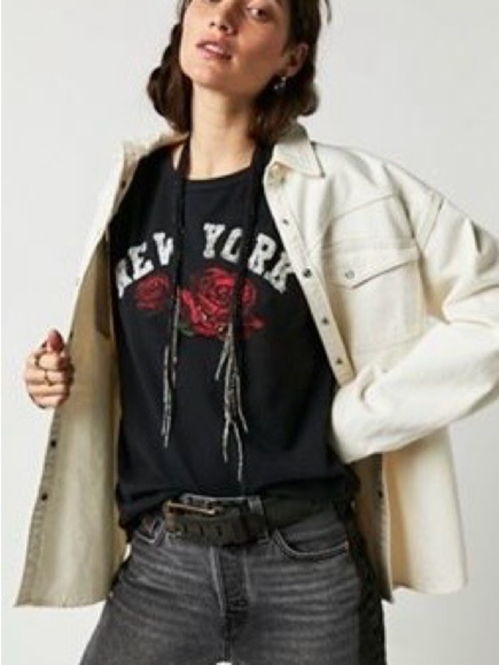 Free People Black 'New York' Graphic Tee with Red Roses